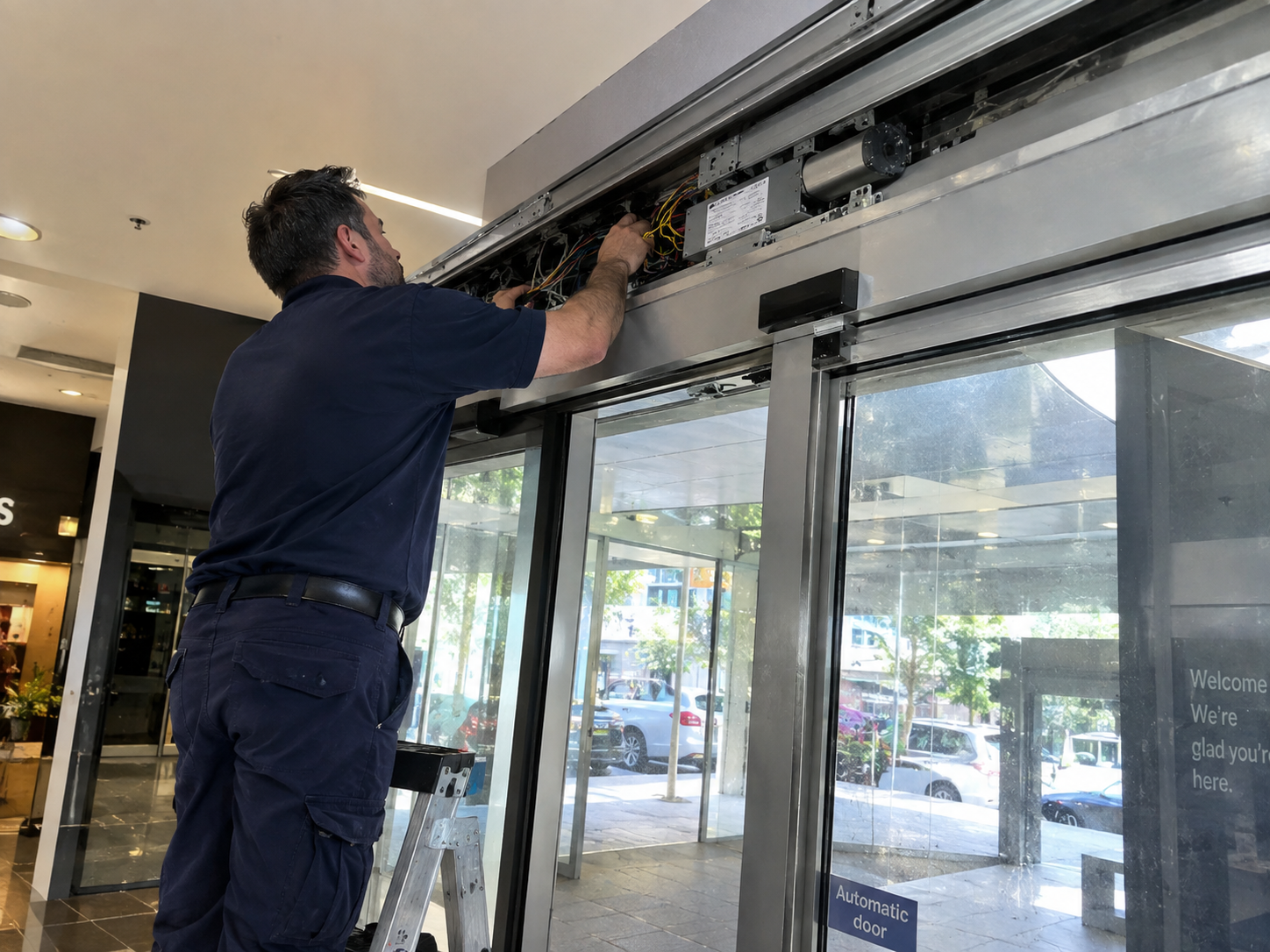 Automatic sliding door technician inspecting door operator
