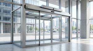 commercial building glass entrance with automatic sliding doors